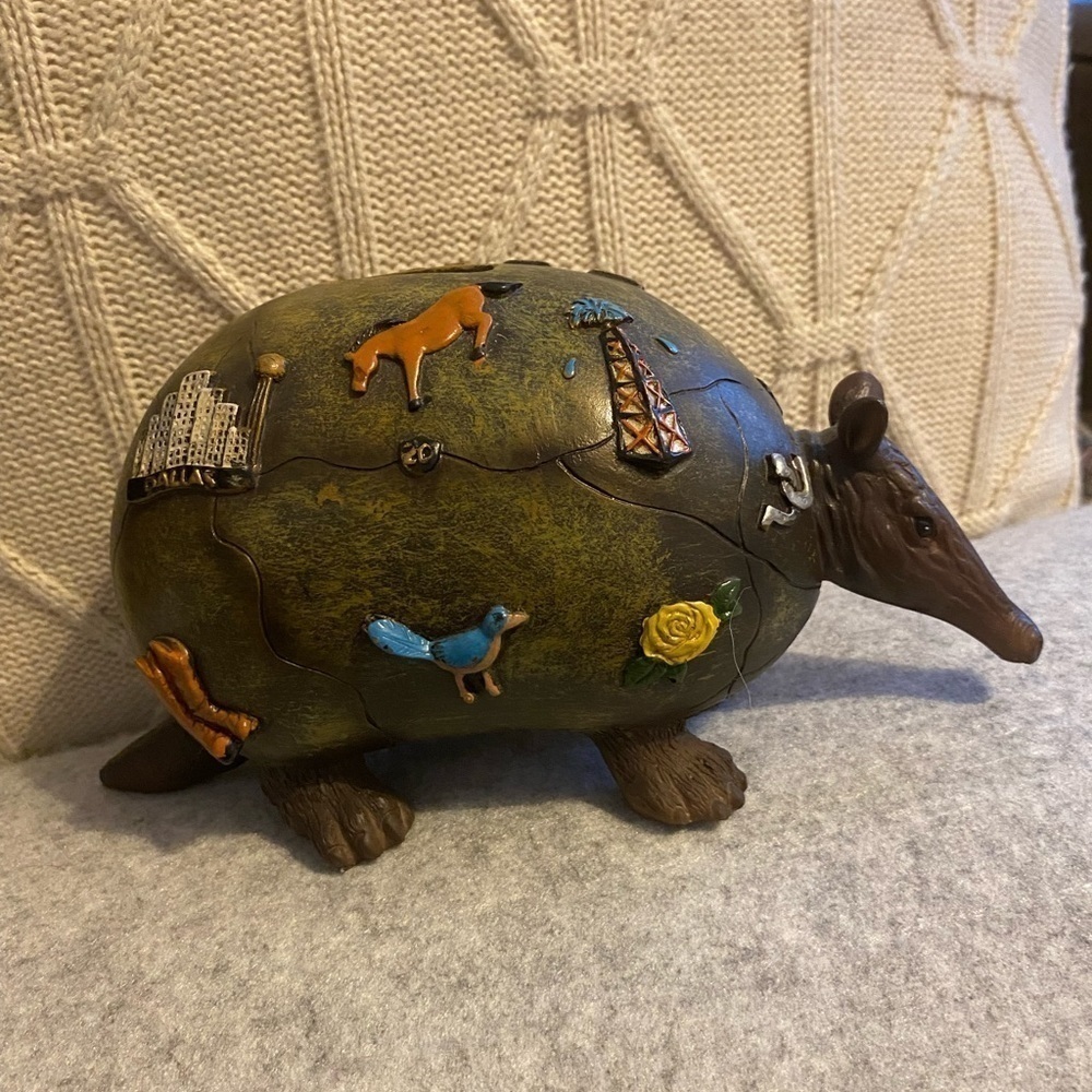 Texas Map Rustic Armadillo Piggy Bank Hand Painted Accented with Texas Attractio